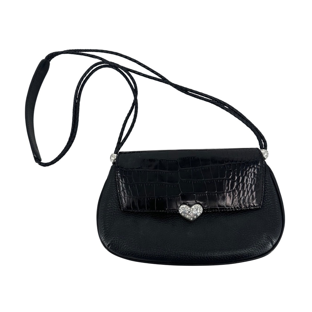 Brighton Black Leather Croc Embossed Heart Crossbody/Shoulder Bag C769843